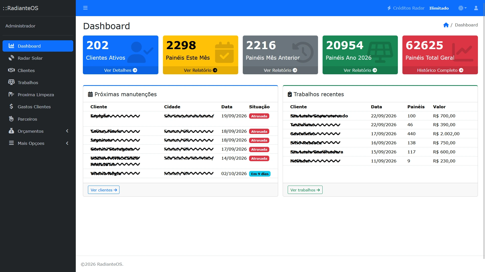 Dashboard do RadianteOS com indicadores, próximas manutenções e trabalhos recentes