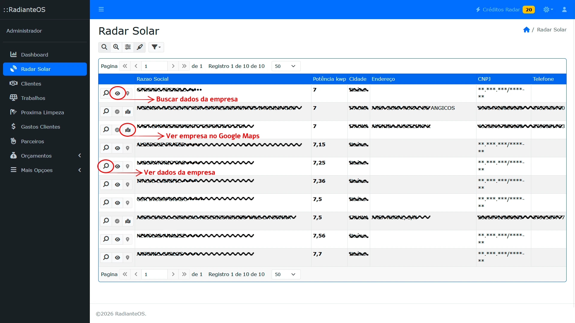 Tela explicativa dos ícones do Radar Solar