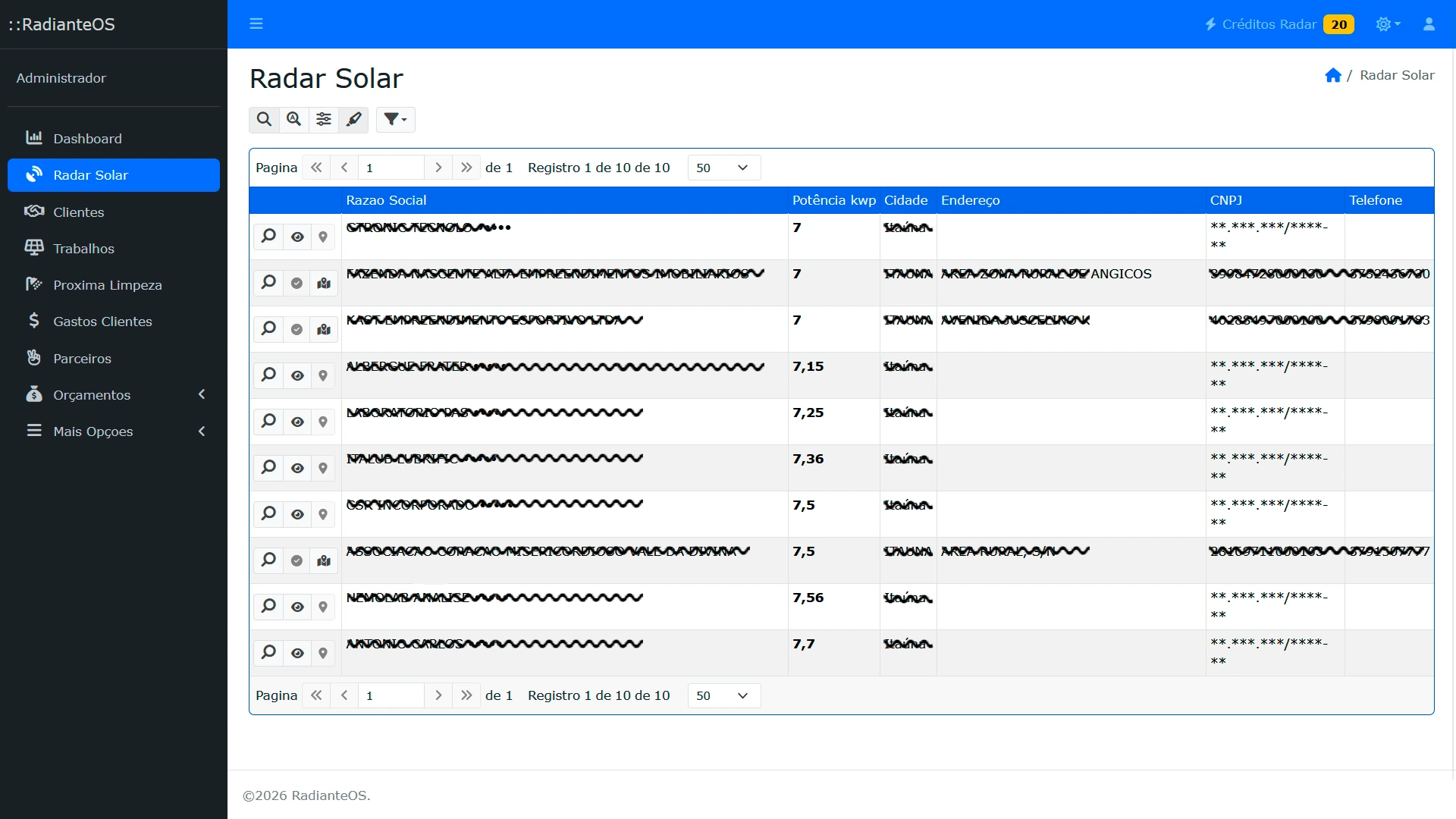 Tela de busca de instalações do Radar Solar